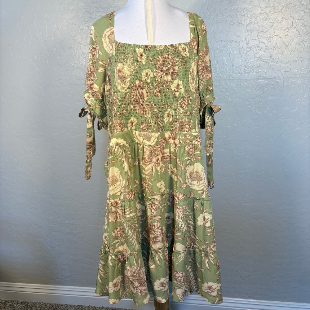 Agua Bendita 3X Sage Floral Dress Smocked Cottagecore Romantic Boho Fairy